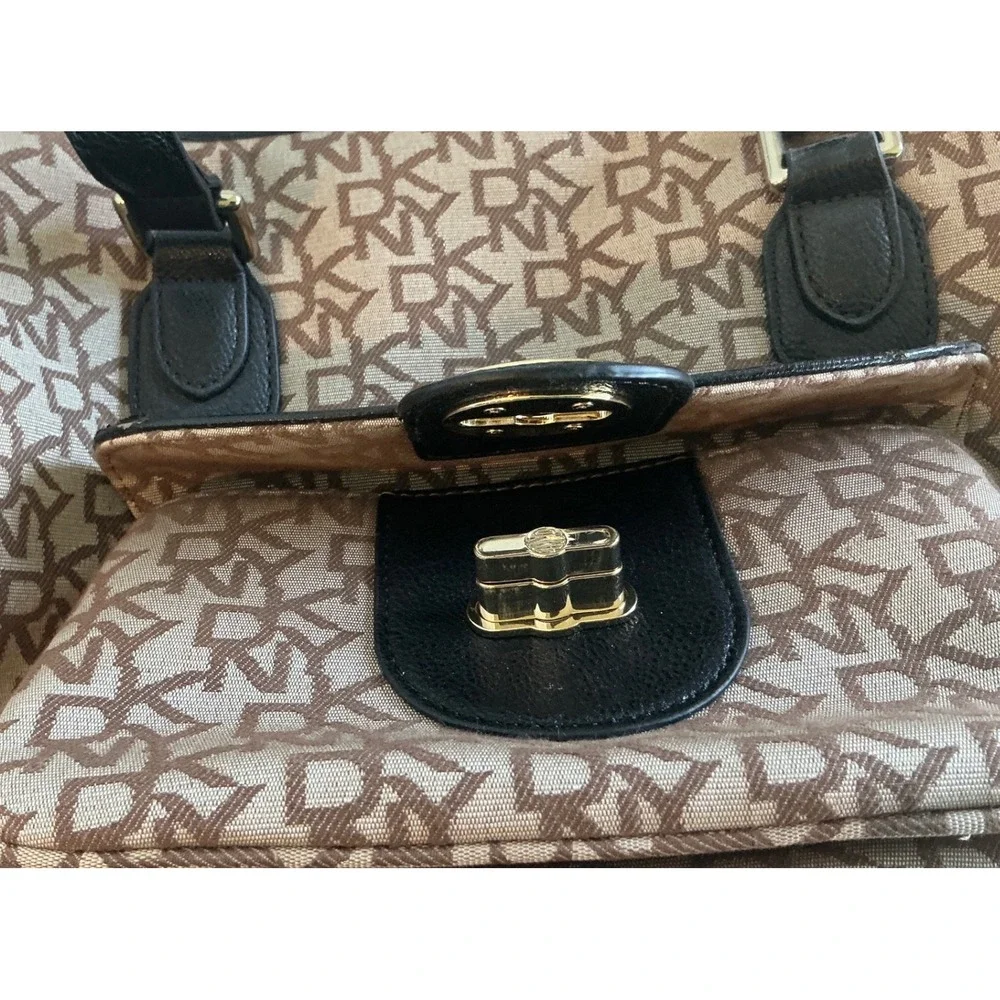 DKNY Tote Bag Monogram Logo Canvas Black Leather Trim Large Shoulder Bag Handbag